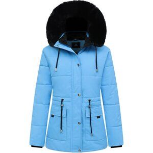 👑Women Denim Blue Winter Puffer Coat Fleece Jacket Faux Fur Detachable Hood
